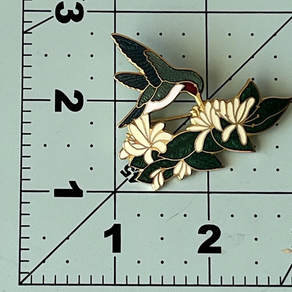 Enamel Hummingbird And Honeysuckle Flower Brooch Cloisonne Style Vtg 1980s - Picture 6 of 6